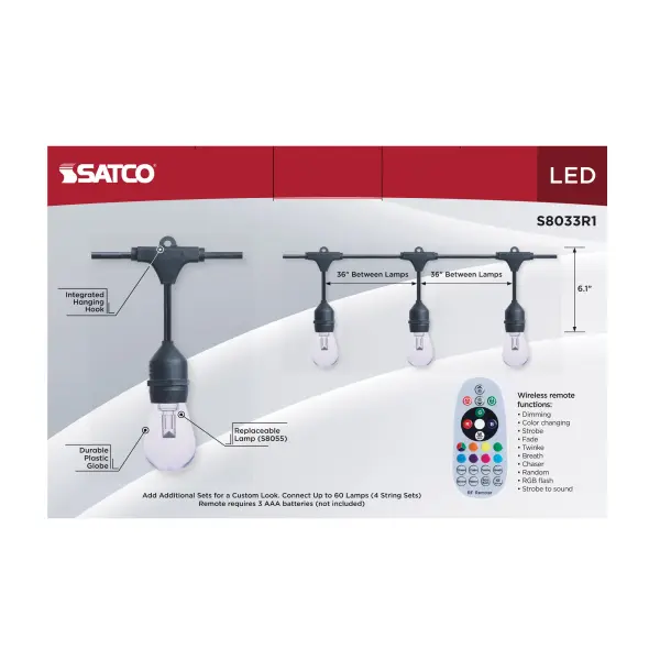 48 Foot LED String Light - 15-S14 Lamps - Medium Base - RGBTW - Infrared Remote - Black - 120 Volt - Image 11