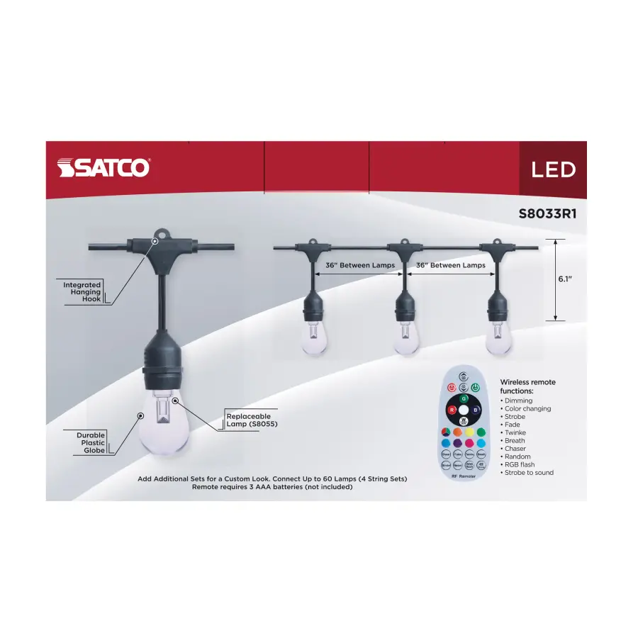 48 Foot LED String Light - 15-S14 Lamps - Medium Base - RGBTW - Infrared Remote - Black - 120 Volt - Image 11