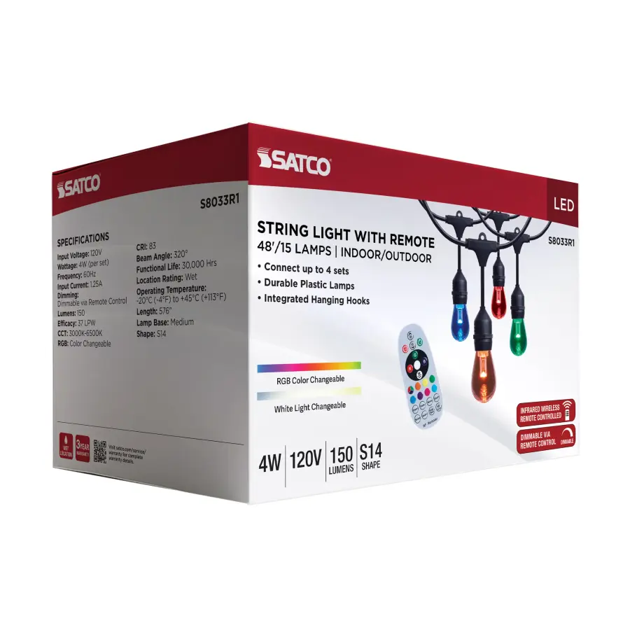 48 Foot LED String Light - 15-S14 Lamps - Medium Base - RGBTW - Infrared Remote - Black - 120 Volt - Image 15