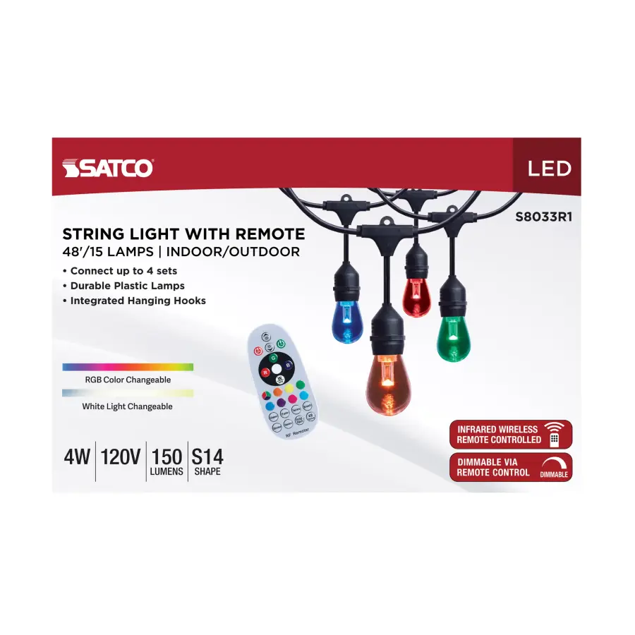 48 Foot LED String Light - 15-S14 Lamps - Medium Base - RGBTW - Infrared Remote - Black - 120 Volt - Image 10