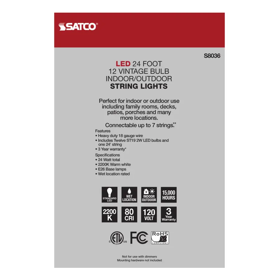 24Ft - LED String Light - 12 Vintage ST19 bulbs Included - 120 Volts - Image 8