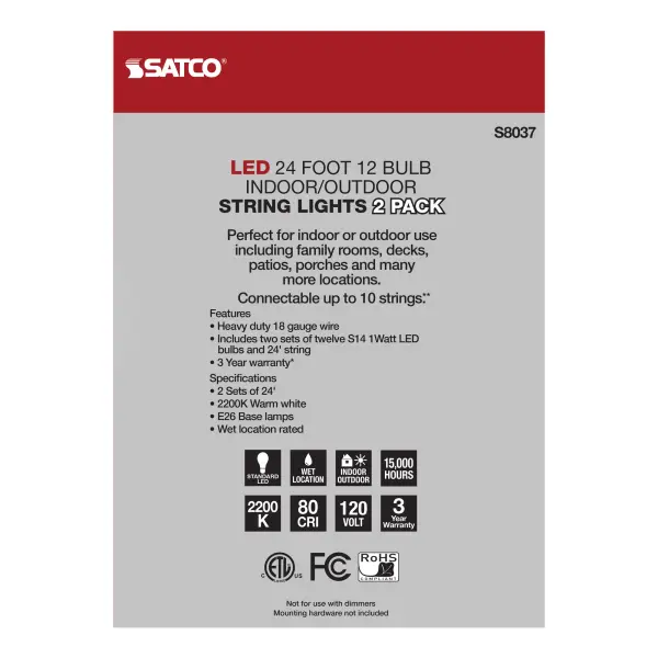 2 Pack - 24Ft - LED String Light - Includes 12-S14 bulbs - 2200K - 120 Volts - Image 8