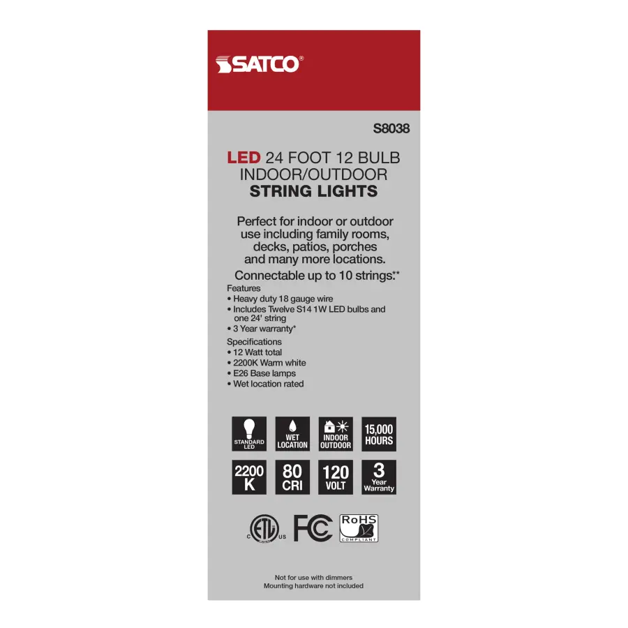 24Ft - LED String Light - Includes 12-S14 bulbs - 2200K - White Cord - Image 8