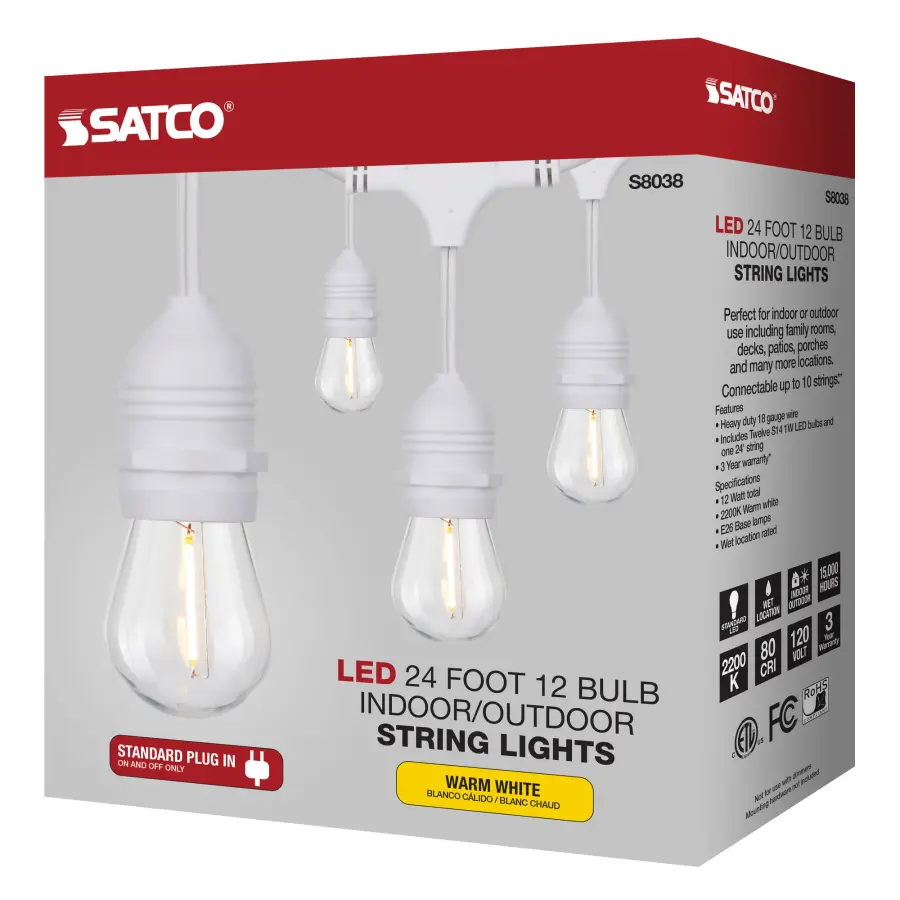 24Ft - LED String Light - Includes 12-S14 bulbs - 2200K - White Cord - Image 10