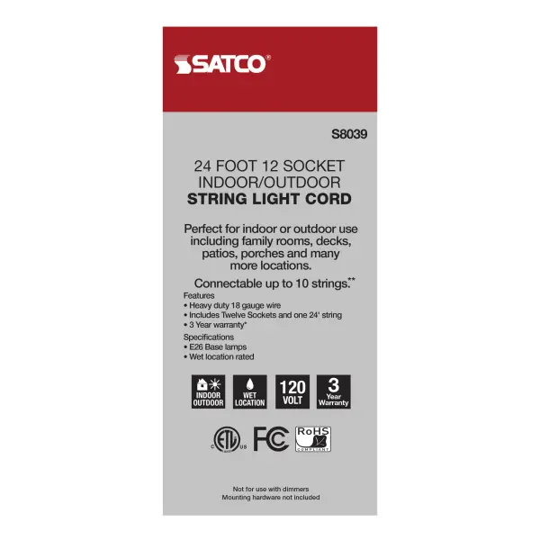 24Ft - LED String Light - 12 Socketed Black Cord and Plug Only - Image 6
