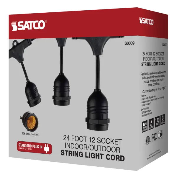 24Ft - LED String Light - 12 Socketed Black Cord and Plug Only - Image 8