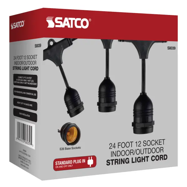 24Ft - LED String Light - 12 Socketed Black Cord and Plug Only - Image 9