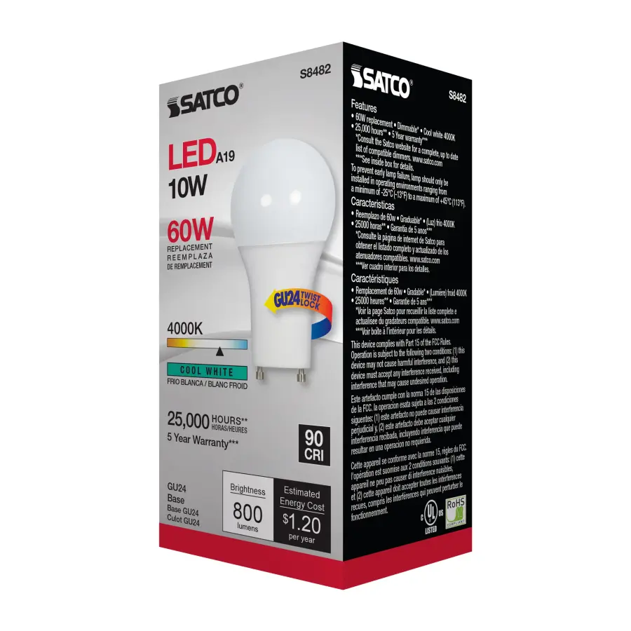 10 Watt - A19 LED - Frosted - 4000K - GU24 base - 120 Volt - Image 3