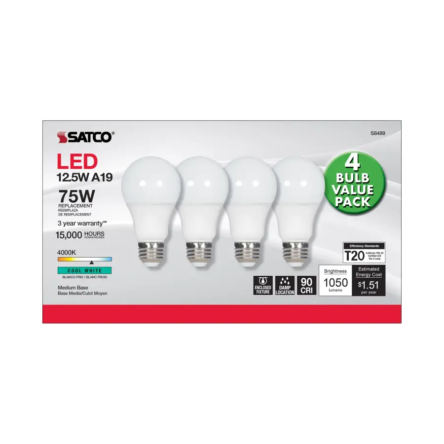 12.5 Watt - A19 LED - 4000K - Medium base - 120 Volt - 4-pack - Image 3