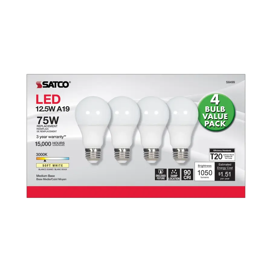 12.5 Watt - A19 LED - 3000K - Medium base - 120 Volt - 4-pack - Image 3