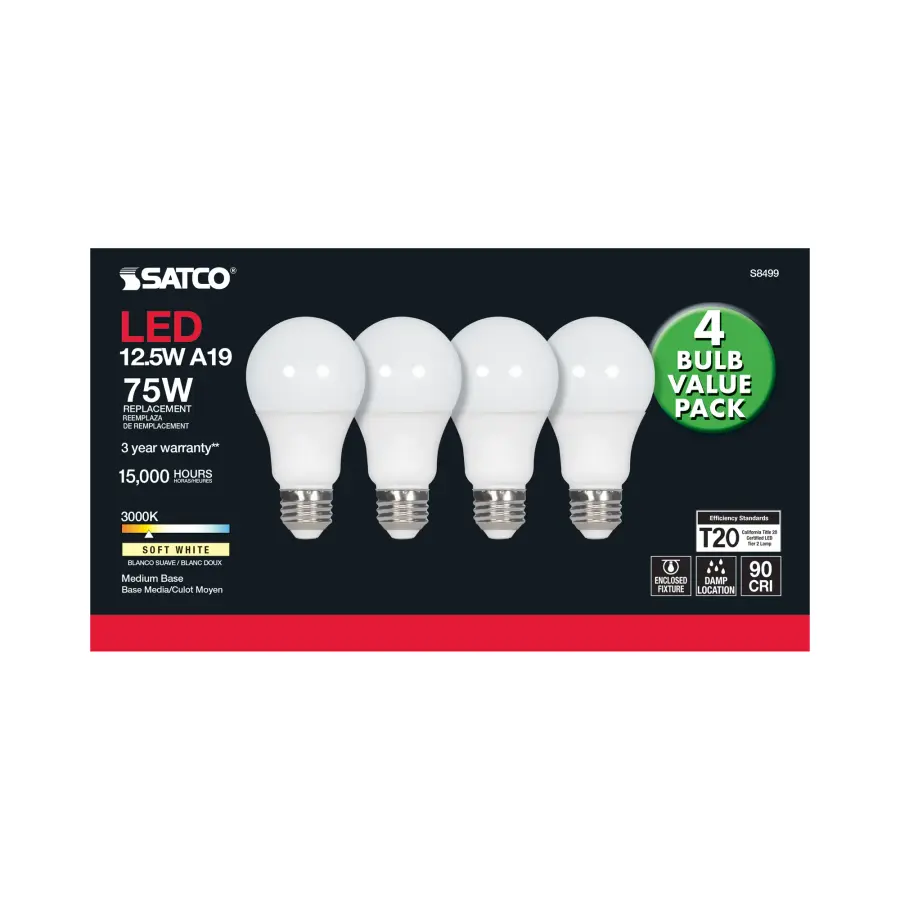 12.5 Watt - A19 LED - 3000K - Medium base - 120 Volt - 4-pack - Image 4