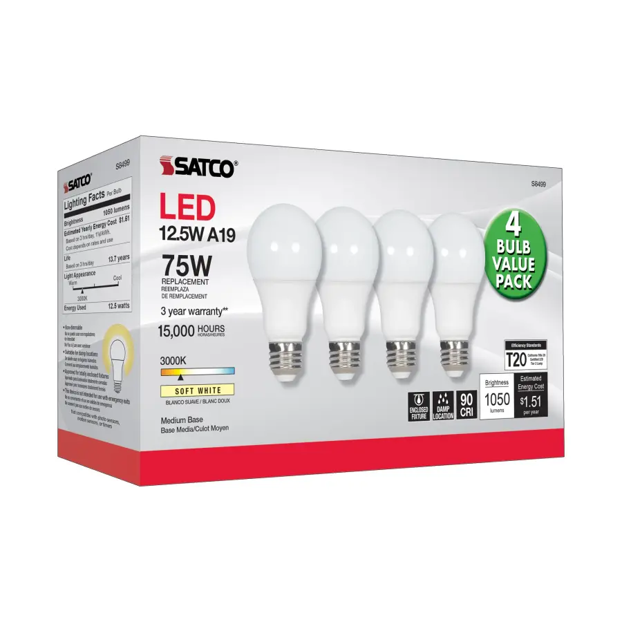 12.5 Watt - A19 LED - 3000K - Medium base - 120 Volt - 4-pack - Image 5