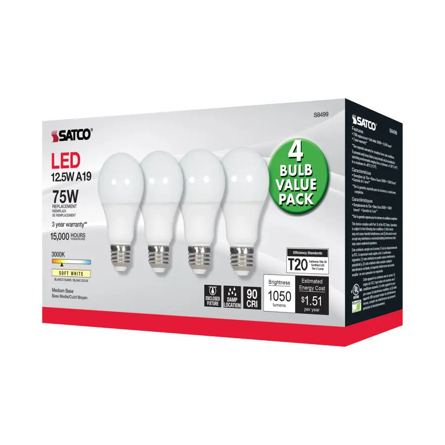 12.5 Watt - A19 LED - 3000K - Medium base - 120 Volt - 4-pack - Image 6