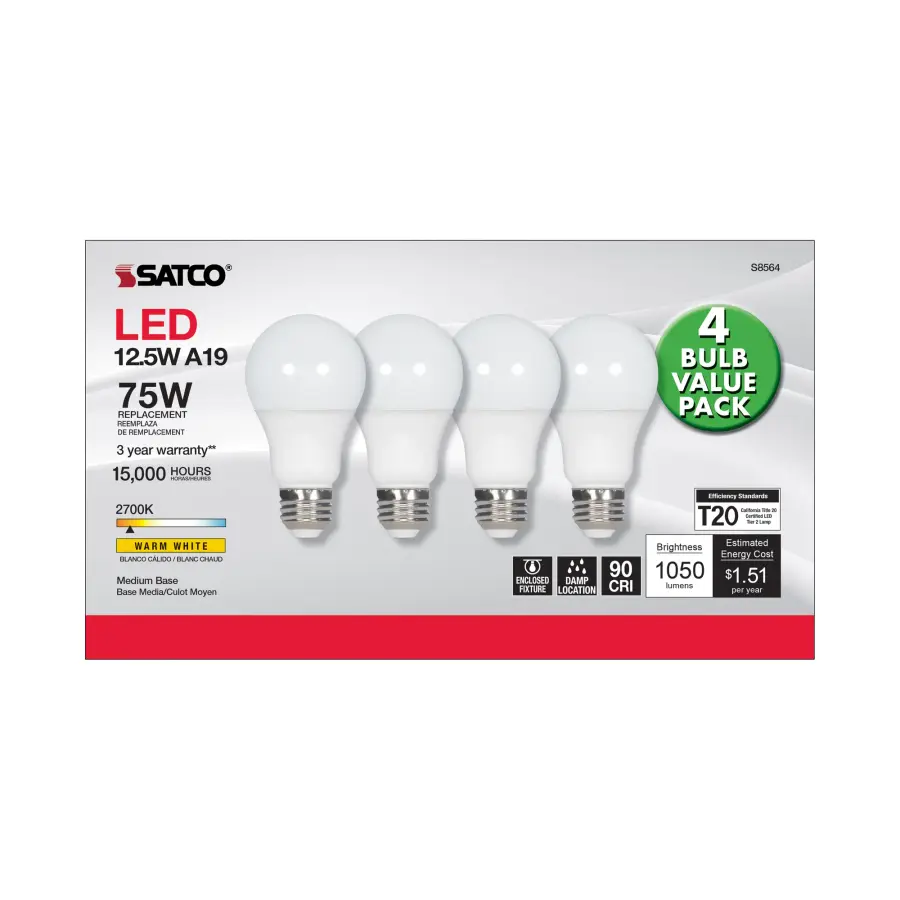 12.5 Watt - A19 LED - 2700K - Medium base - 120 Volt - 4-pack - Image 3