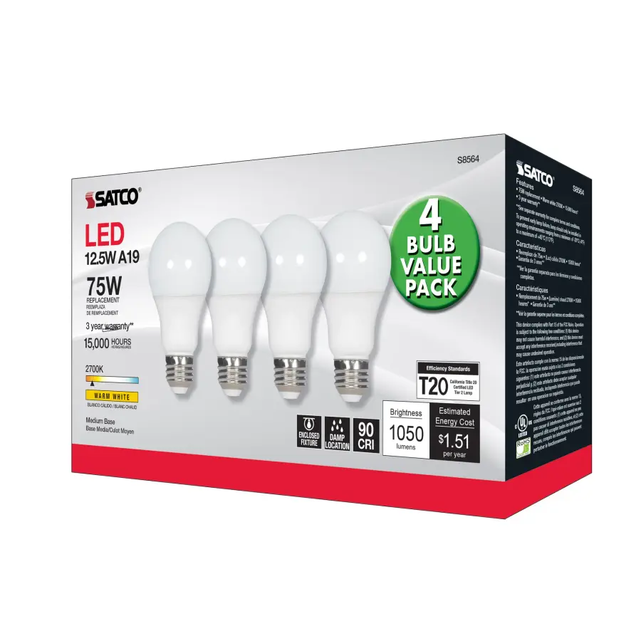 12.5 Watt - A19 LED - 2700K - Medium base - 120 Volt - 4-pack - Image 6