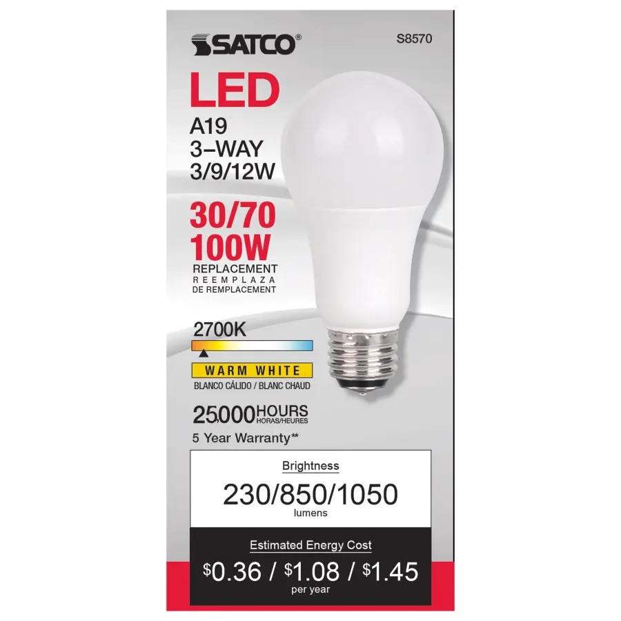 3 Watt/9 Watt/12 Watt - A19 LED - 3-way - Frosted - 2700K - Medium base - 120 Volt - Image 2