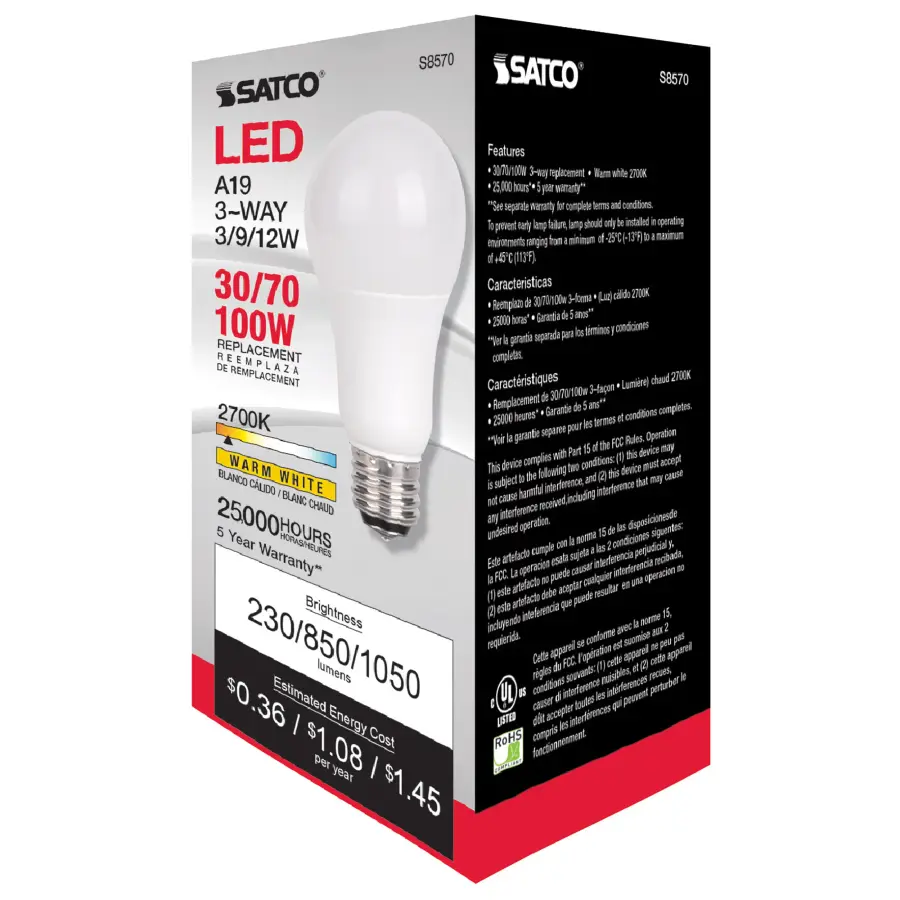 3 Watt/9 Watt/12 Watt - A19 LED - 3-way - Frosted - 2700K - Medium base - 120 Volt - Image 3