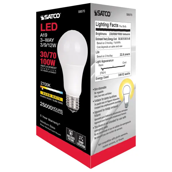 3 Watt/9 Watt/12 Watt - A19 LED - 3-way - Frosted - 2700K - Medium base - 120 Volt - Image 4