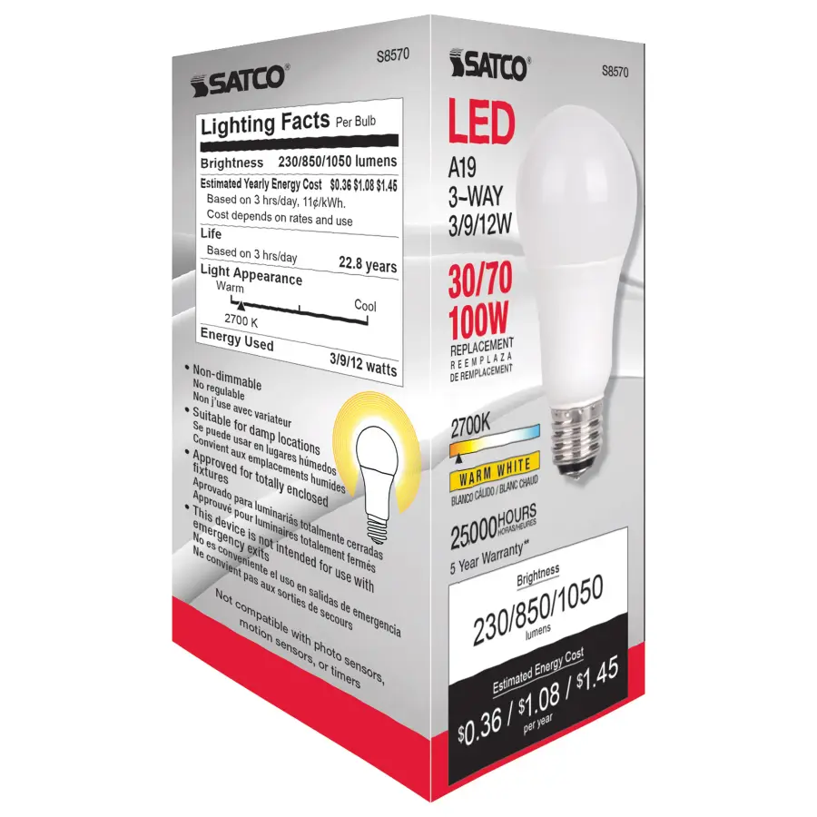 3 Watt/9 Watt/12 Watt - A19 LED - 3-way - Frosted - 2700K - Medium base - 120 Volt - Image 5