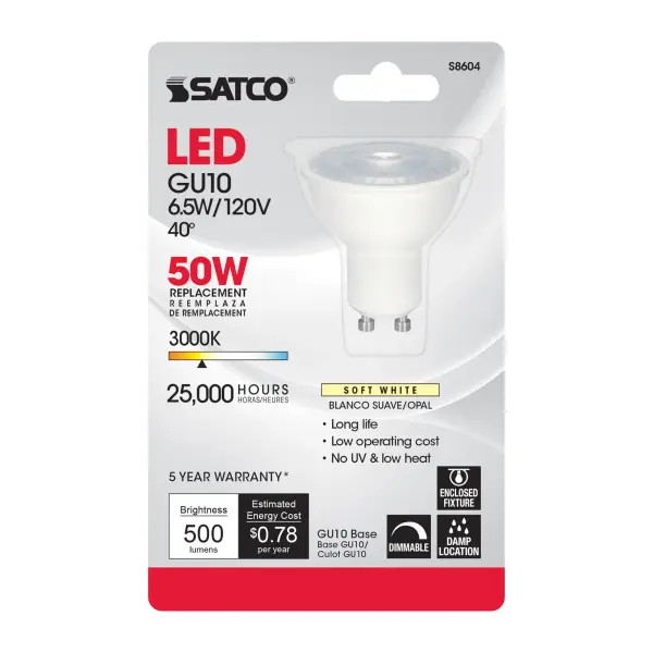 6.5 Watt - LED MR16 - 3000K - 40 deg. Beam Angle - GU10 base - 120 Volt - Carded - Image 3