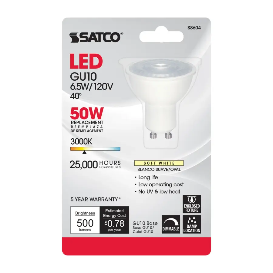 6.5 Watt - LED MR16 - 3000K - 40 deg. Beam Angle - GU10 base - 120 Volt - Carded - Image 3