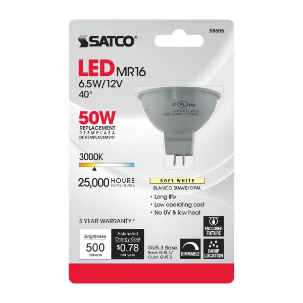 6.5 Watt - LED MR16 - 3000K - 40 deg. Beam Angle - GU5.3 base - 12 Volt AC/DC - Carded - Image 7
