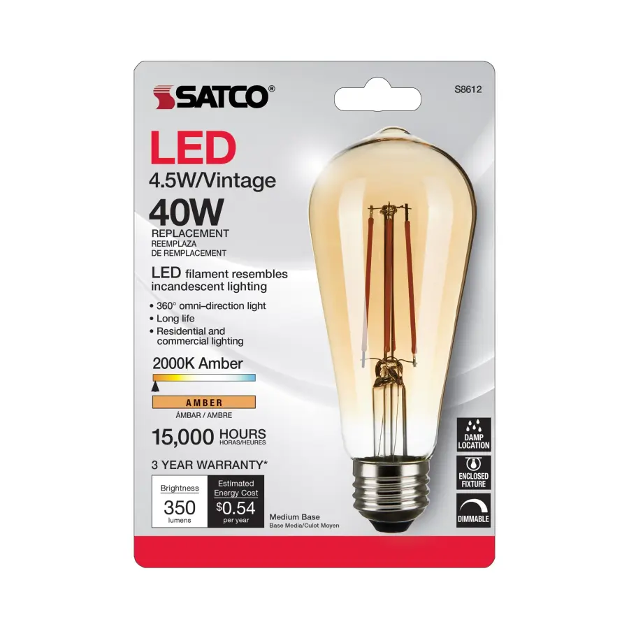 4.5 Watt ST19 LED Filament - Amber - Medium base - 2000K - 350 Lumens - 120 Volt - Carded - Image 3
