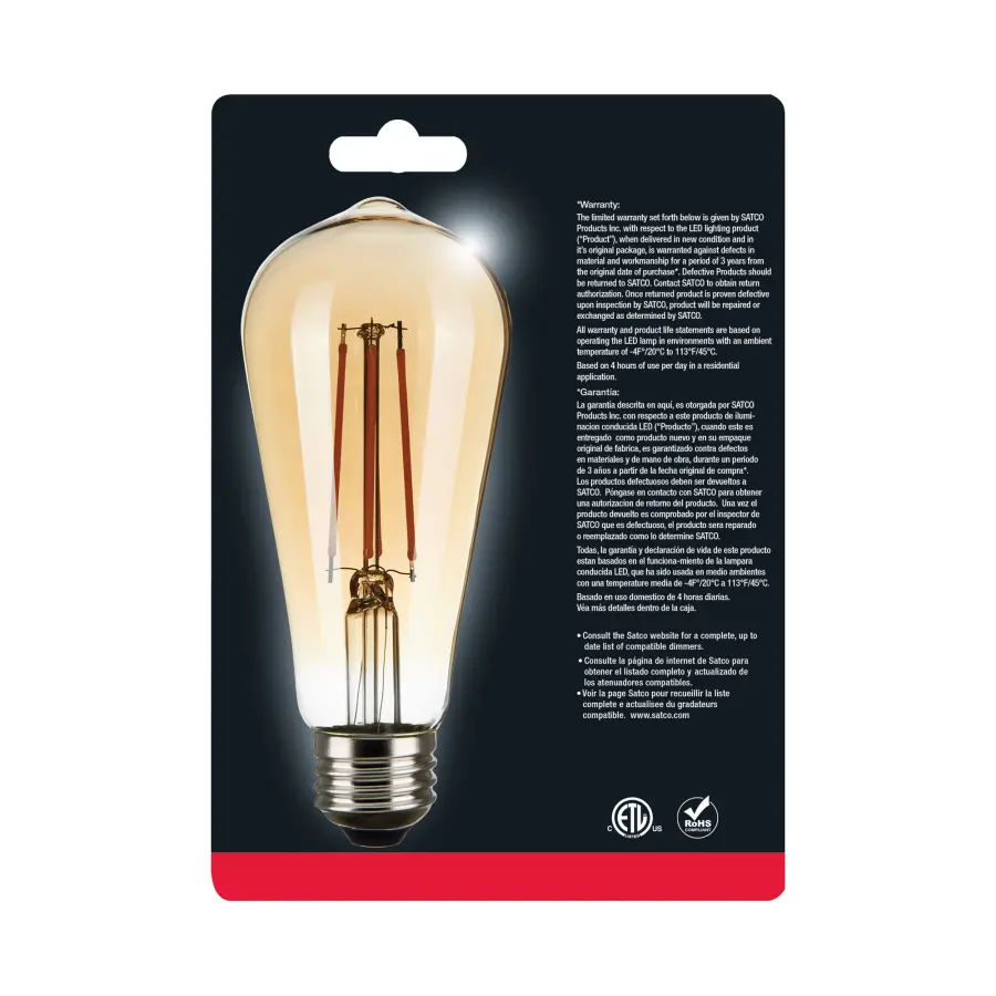 4.5 Watt ST19 LED Filament - Amber - Medium base - 2000K - 350 Lumens - 120 Volt - Carded - Image 4