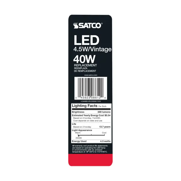 4.5 Watt ST19 LED Filament - Amber - Medium base - 2000K - 350 Lumens - 120 Volt - Carded - Image 5