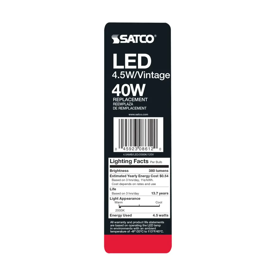 4.5 Watt ST19 LED Filament - Amber - Medium base - 2000K - 350 Lumens - 120 Volt - Carded - Image 5