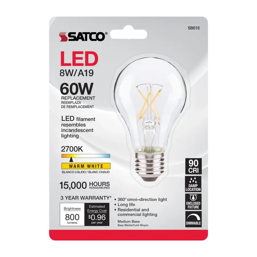 8 Watt A19 LED Filament - Clear - Medium base - 2700K - 800 Lumens - 120 Volt - Carded - Image 2
