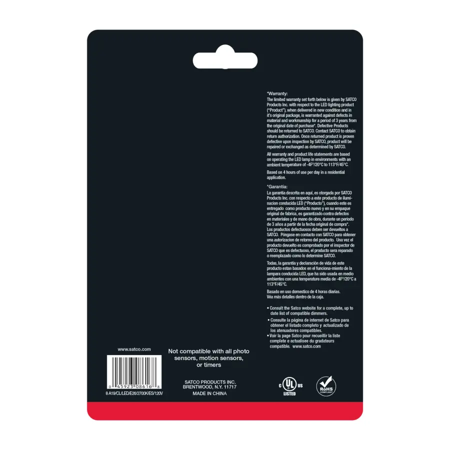 8 Watt A19 LED Filament - Clear - Medium base - 2700K - 800 Lumens - 120 Volt - Carded - Image 3