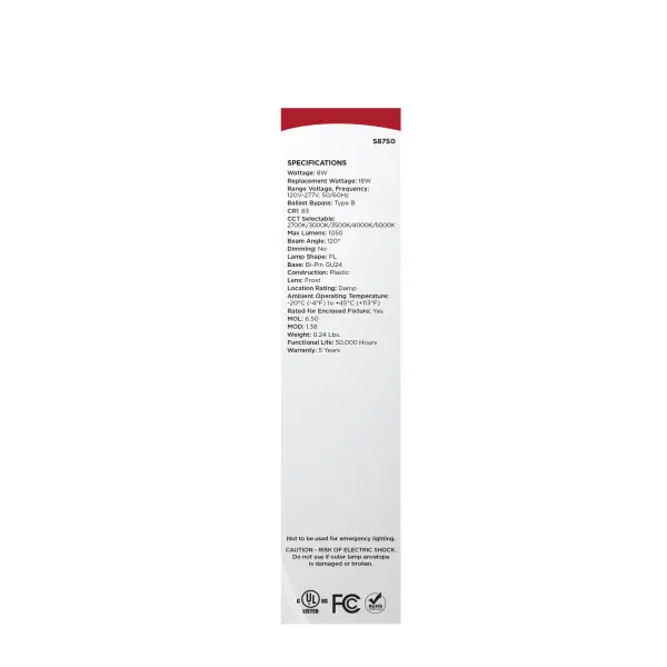 8 Watt LED PL - GU24 Base - 27K/30K/35K/40K/50K CCT Selectable - Type B Ballast Bypass - 120-277 Volt - Image 8