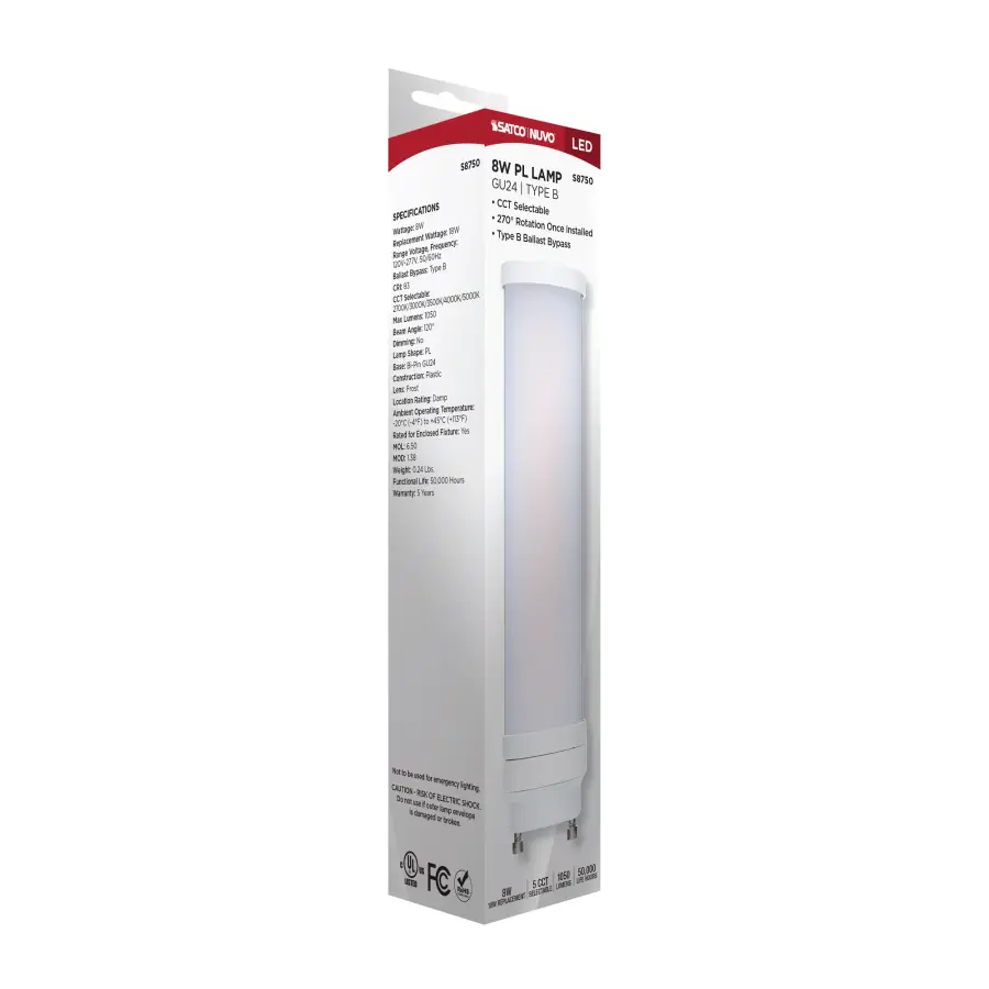 8 Watt LED PL - GU24 Base - 27K/30K/35K/40K/50K CCT Selectable - Type B Ballast Bypass - 120-277 Volt - Image 10