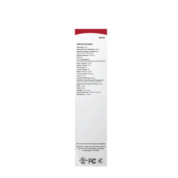 8 Watt LED PL - E26 Base - 27K/30K/35K/40K/50K CCT Selectable - Type B Ballast Bypass - 120-277 Volt - Image 8