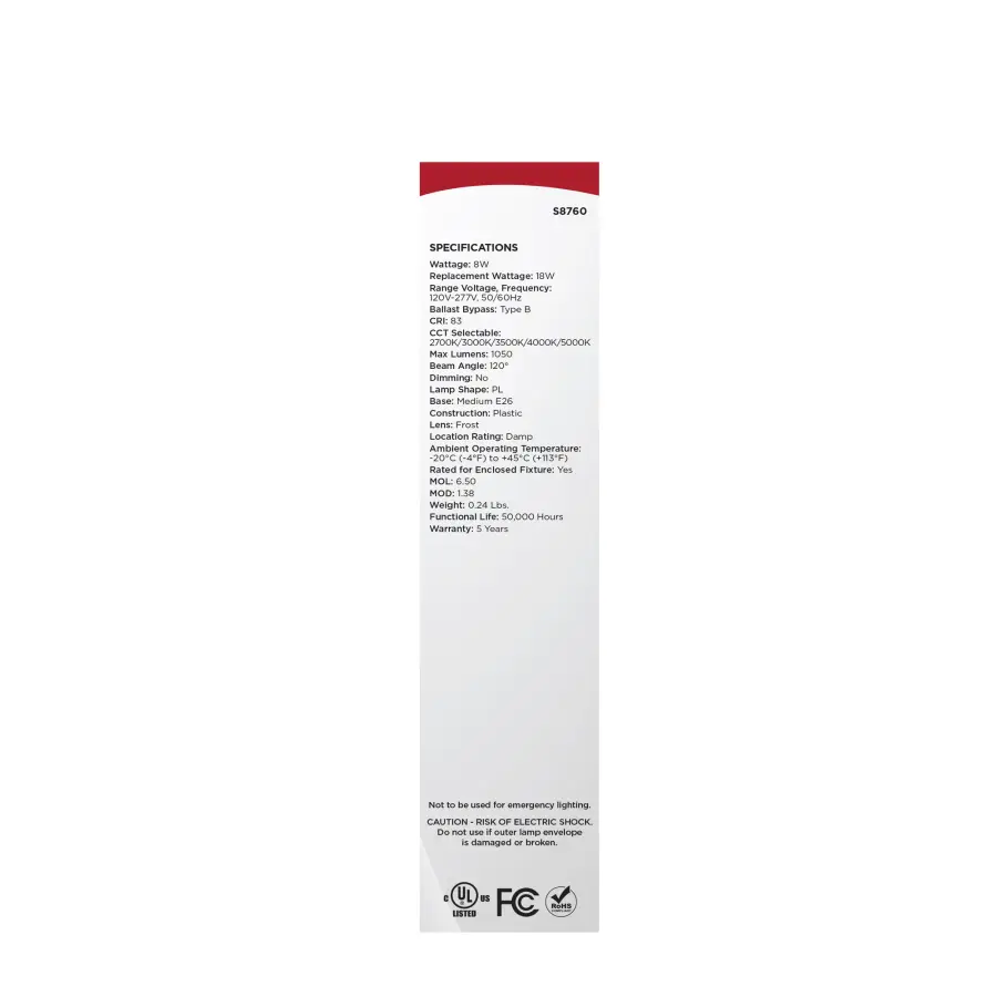 8 Watt LED PL - E26 Base - 27K/30K/35K/40K/50K CCT Selectable - Type B Ballast Bypass - 120-277 Volt - Image 8