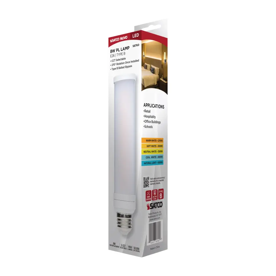 8 Watt LED PL - E26 Base - 27K/30K/35K/40K/50K CCT Selectable - Type B Ballast Bypass - 120-277 Volt - Image 9