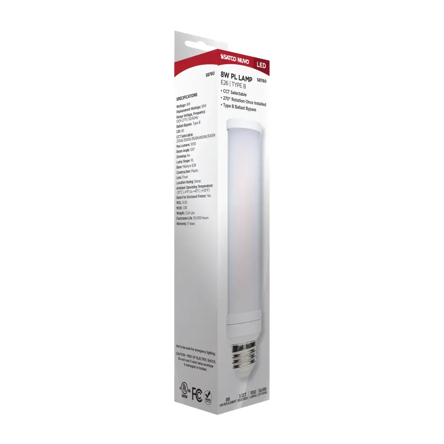 8 Watt LED PL - E26 Base - 27K/30K/35K/40K/50K CCT Selectable - Type B Ballast Bypass - 120-277 Volt - Image 10