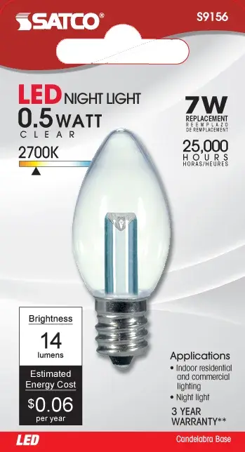 0.5 Watt LED - C7 - Clear - 2700K - Candelabra base - 120 Volt - Carded - Image 3