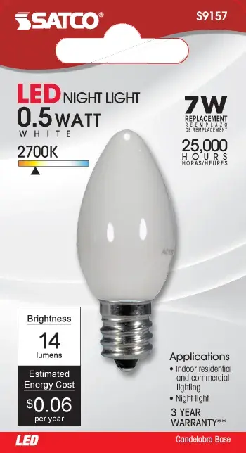 0.5 Watt LED - C7 - White - 2700K - Candelabra base - 120 Volt - Carded - Image 2