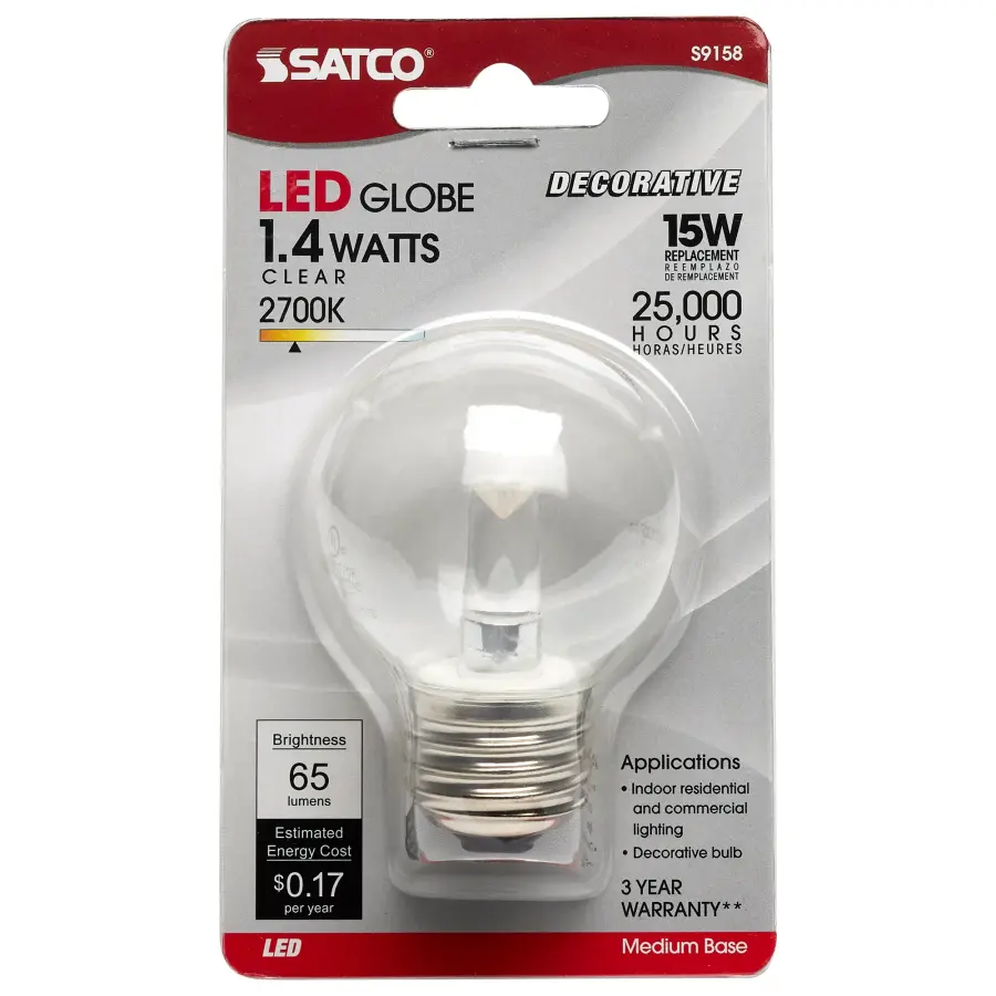 1.4 Watt LED - G16 1/2 - Clear - 2700K - Medium base - 120 Volt - Carded - Image 3