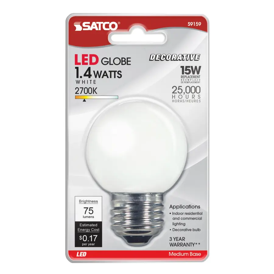 1.4 Watt LED - G16 1/2 - White - 2700K - Medium base - 120 Volt - Carded - Image 3