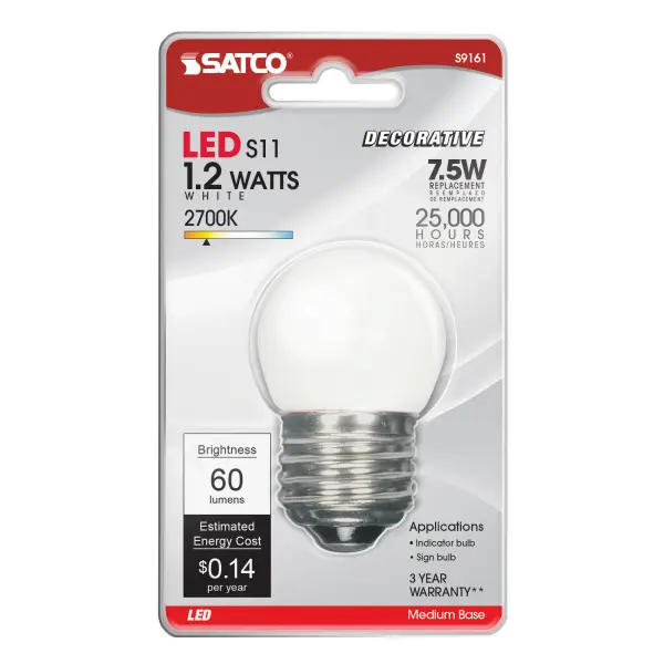 1.2 Watt LED - S11 - White - 2700K - Medium base - 120 Volt - Carded - alternate view