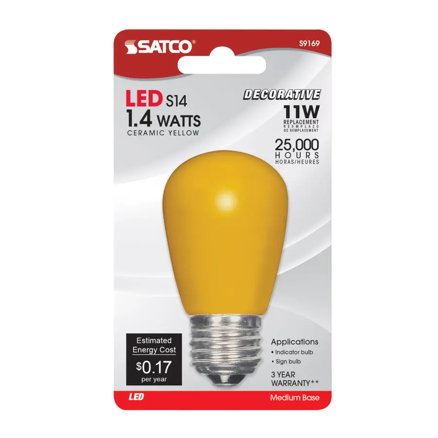 1.4 Watt LED - S14 - Ceramic Yellow - Medium base - 120 Volt - Carded - Image 2