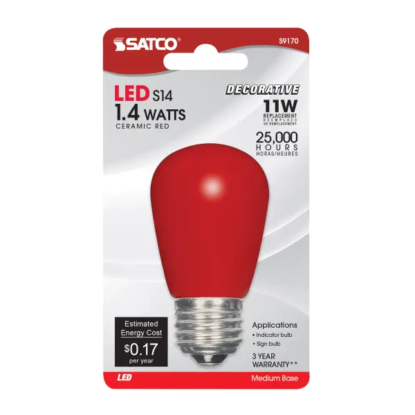 1.4 Watt LED - S14 - Ceramic Red - Medium base - 120 Volt - Carded - alternate view