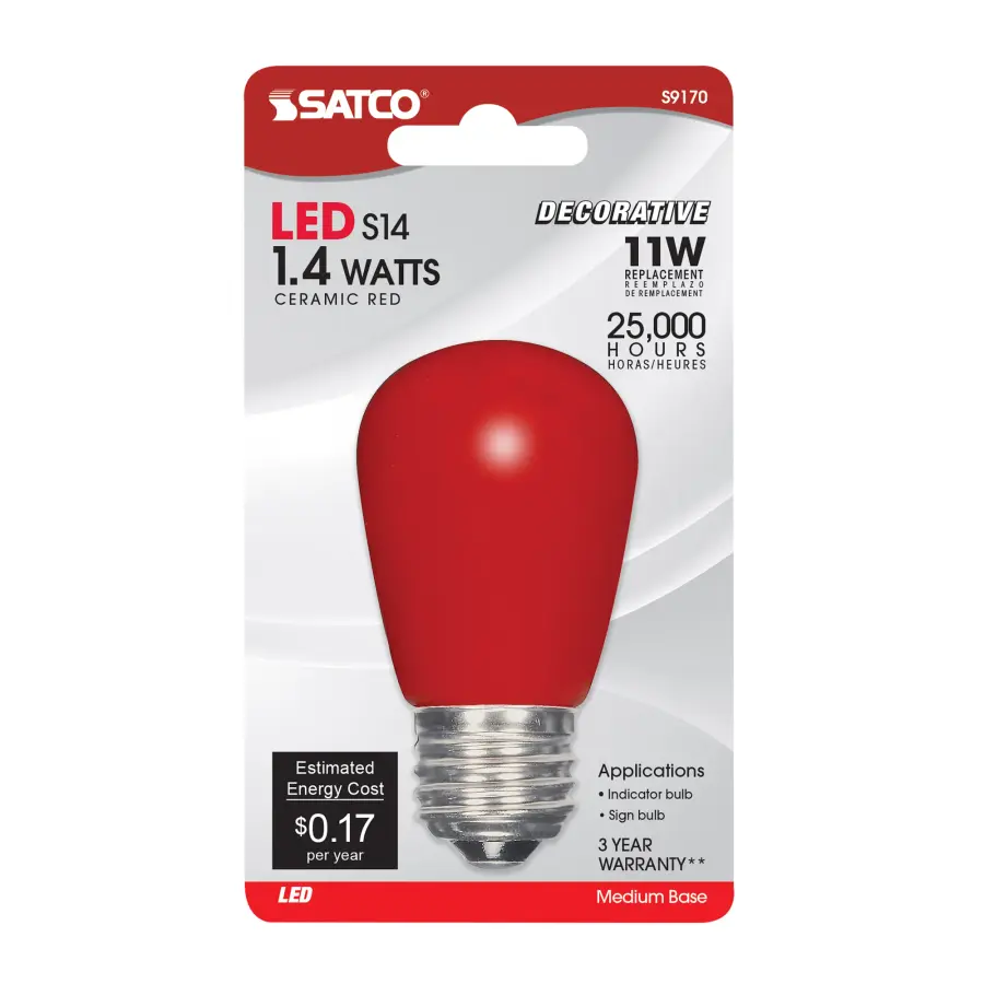 1.4 Watt LED - S14 - Ceramic Red - Medium base - 120 Volt - Carded - Image 2