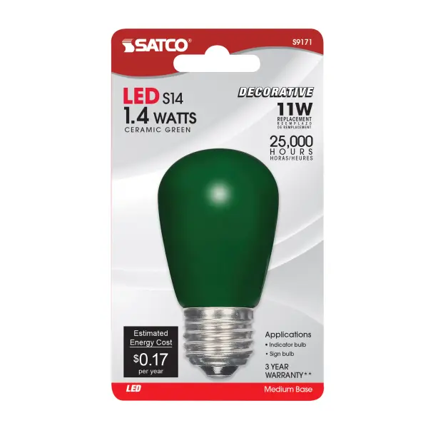 1.4 Watt LED - S14 - Ceramic Green - Medium base - 120 Volt - Carded - alternate view