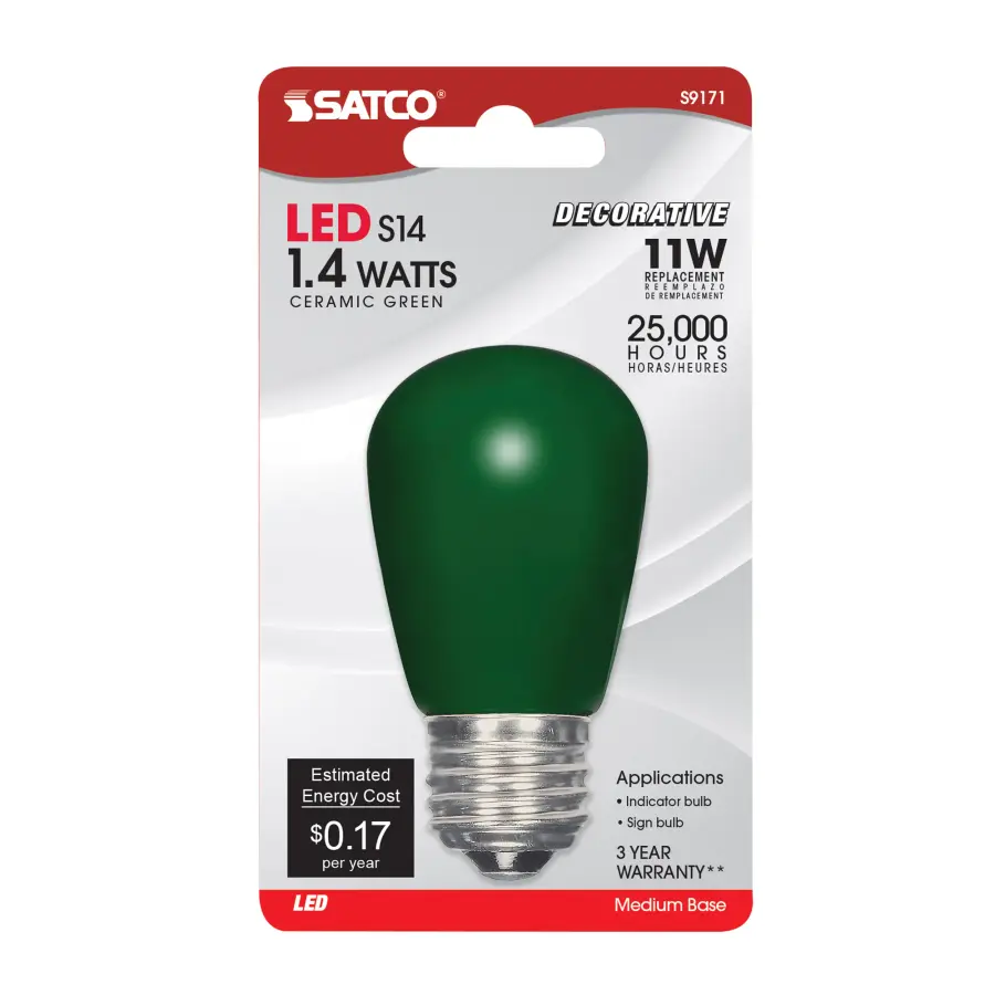 1.4 Watt LED - S14 - Ceramic Green - Medium base - 120 Volt - Carded - Image 2