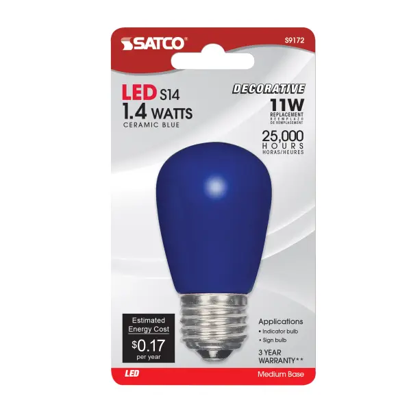 1.4 Watt LED - S14 - Ceramic Blue - Medium base - 120 Volt - Carded - Image 2