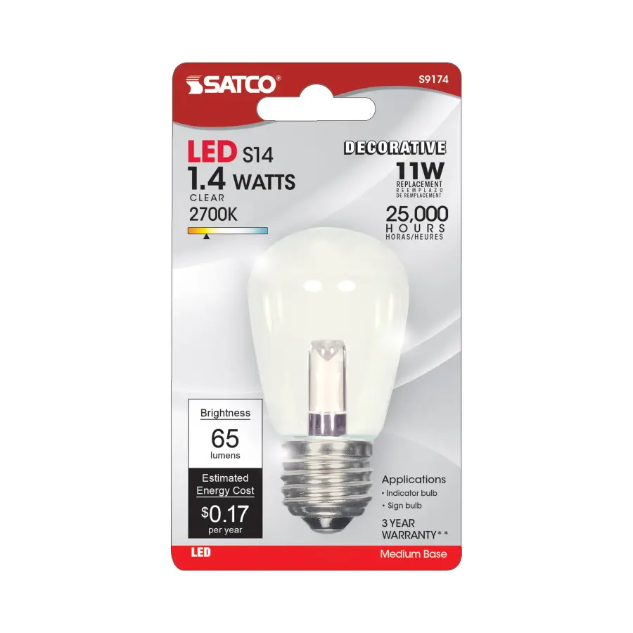 1.4 Watt LED - S14 - Clear - 2700K - Medium base - 120 Volt - Carded - Image 3